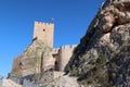 Walls and tower of the Almohad castle of Sax on top of a rock. Sax, Alicante, Spain