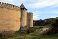 Walls, tower and bridge in ancient medieval fortress in Khotyn. Royalty Free Stock Photo