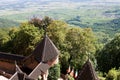 The walls and towers of Haut-Koenigsbourg castle against the Upper Rhine plain