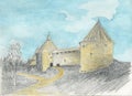 Walls and towers of the old castle, pencil and watercolor Royalty Free Stock Photo