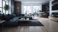 Modern interior design living room with wooden floor.