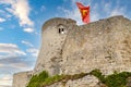 Walls and watch tower of Chateau Gaillard, medieval ruined castle of the king Richard Lionheart. Les Andelys, Normandy, France. Royalty Free Stock Photo