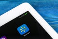 Walmart application icon on Apple iPad Pro screen close-up. Walmart app icon. Walmart.com is multinational retailing corporation