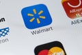 Walmart application icon on Apple iPhone X screen close-up. Walmart app icon. Walmart.com is multinational retailing corporation