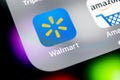 Walmart application icon on Apple iPhone X screen close-up. Walmart app icon. Walmart.com is multinational retailing corporation