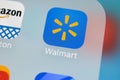 Walmart application icon on Apple iPhone X screen close-up. Walmart app icon. Walmart.com is multinational retailing corporation