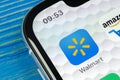 Walmart application icon on Apple iPhone X screen close-up. Walmart app icon. Walmart.com is multinational retailing corporation