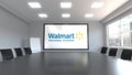 Walmart logo on the screen in a meeting room. Editorial 3D rendering