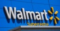 Walmart superstore exterior facade brand and logo signage. Walmart is an American multinational retail corporation