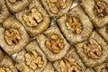 Walnut baklava. Close-up of baklava in a tray