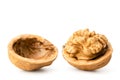 Walnut broken into two halves close-up, on a white. Isolated Royalty Free Stock Photo