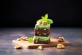 walnut brownies stacked with mint leaf garnish