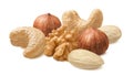 Walnut, cashew, blanched almond and hazelnut isolated on white background. Nut mix