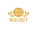 Walnut, cracked walnut, walnuts kernels, logo design. Nut, food, plant and leaves, vector design Royalty Free Stock Photo