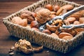 Walnut cracker sitting in basket full of nuts