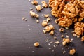 Walnut on a dark rustic wooden background