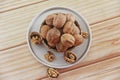 Walnut fruit in a hard brown shell Royalty Free Stock Photo