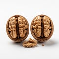 Walnut halves are displayed on a white background, showcasing their intricate Royalty Free Stock Photo