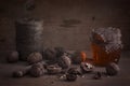 Walnut with honey.Still life of honey and nuts. Wood surface Royalty Free Stock Photo