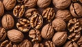 Walnut kernel halves, in a wooden bowl. Close-up, from above on colored background. Healthy eating Walnut concept. Super foods