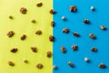 Walnut kernel pattern backdrop. One open nut shell with kernel on yellow blue background. Top view.Flat lay composition Royalty Free Stock Photo