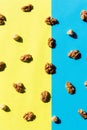 Walnut kernel pattern backdrop. One open nut shell with kernel on yellow blue background. Top view.Flat lay composition Royalty Free Stock Photo