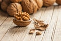 Walnut kernel with thin shell on wooden vintage rustic backdrop. Fresh walnuts background concept Royalty Free Stock Photo