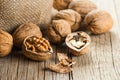 Walnut kernel with thin shell on wooden vintage rustic backdrop. Fresh walnuts background concept Royalty Free Stock Photo