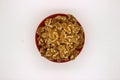 Walnut Kernels In Red Bowl Other Names: Juglans Regia, Persian Walnut, English Walnut, Circassian Walnut. Isolated Image On A Royalty Free Stock Photo