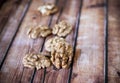 Walnut kernels on rustic old wooden table