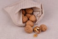 walnuts in a bag on a fabric background Royalty Free Stock Photo