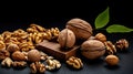 Walnut kernels and whole walnuts on dark stone table. Black background. Top view, flat lay with copy space. Generative Ai