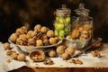 Walnut kernels and whole walnuts on wooden background, front view. Generative AI