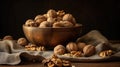 Walnut kernels and whole walnuts on wooden background, front view. Generative AI