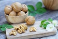 Walnut nut in wooden bowl on wood table with green leaf background, copy space Royalty Free Stock Photo