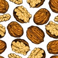 Walnut nuts vector hand drawn seamless pattern. Artistic colorful sketch food objects.