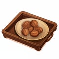 Walnut Nuts In A Wooden Tray With A Ceramic Plate