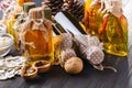 Walnut oil in bottle and nuts. Selective focus Royalty Free Stock Photo