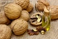 Walnut oil on vintage bottle and nuts coarse cloth sacking Royalty Free Stock Photo