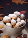 Close up of walnut shaped cookies. Russian oreshki