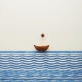 Walnut Shell Boat with Star Anise Sail on Blue Waves AI Generated Royalty Free Stock Photo