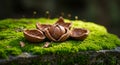 Walnut shells arranged on a plush bed of vibrant green moss. The central whole Royalty Free Stock Photo