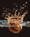 Walnut splashing into water creating crown splash and droplets liquid impact Royalty Free Stock Photo