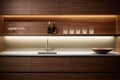 Walnut wooden kitchen cabinets with integrated lighting and a sink