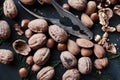 Walnuts, almonds and hazelnuts from above Royalty Free Stock Photo