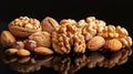 Walnuts, almonds, and hazelnuts on a reflective surface, minimalist black background. Autumn fruits Royalty Free Stock Photo