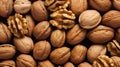 Walnuts background. Whole Walnuts, A Source of Omega 3 vitamin. Omega-3 Rich Walnuts, close-up. Walnut banner representing healthy