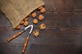 Walnuts in a bag and a nutcracker on a table Royalty Free Stock Photo