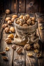 Walnuts in a bag on a rustic table, copy space Royalty Free Stock Photo