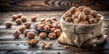 Walnuts in a bag on a rustic table, copy space Royalty Free Stock Photo